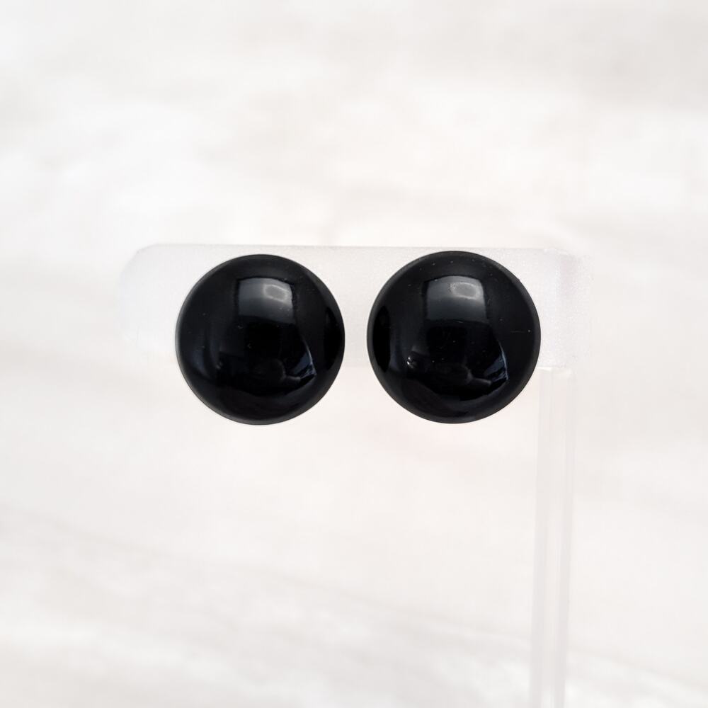 Vintage Clip On Earrings 7/8" Black Domed Circle Statement Retro Earrings